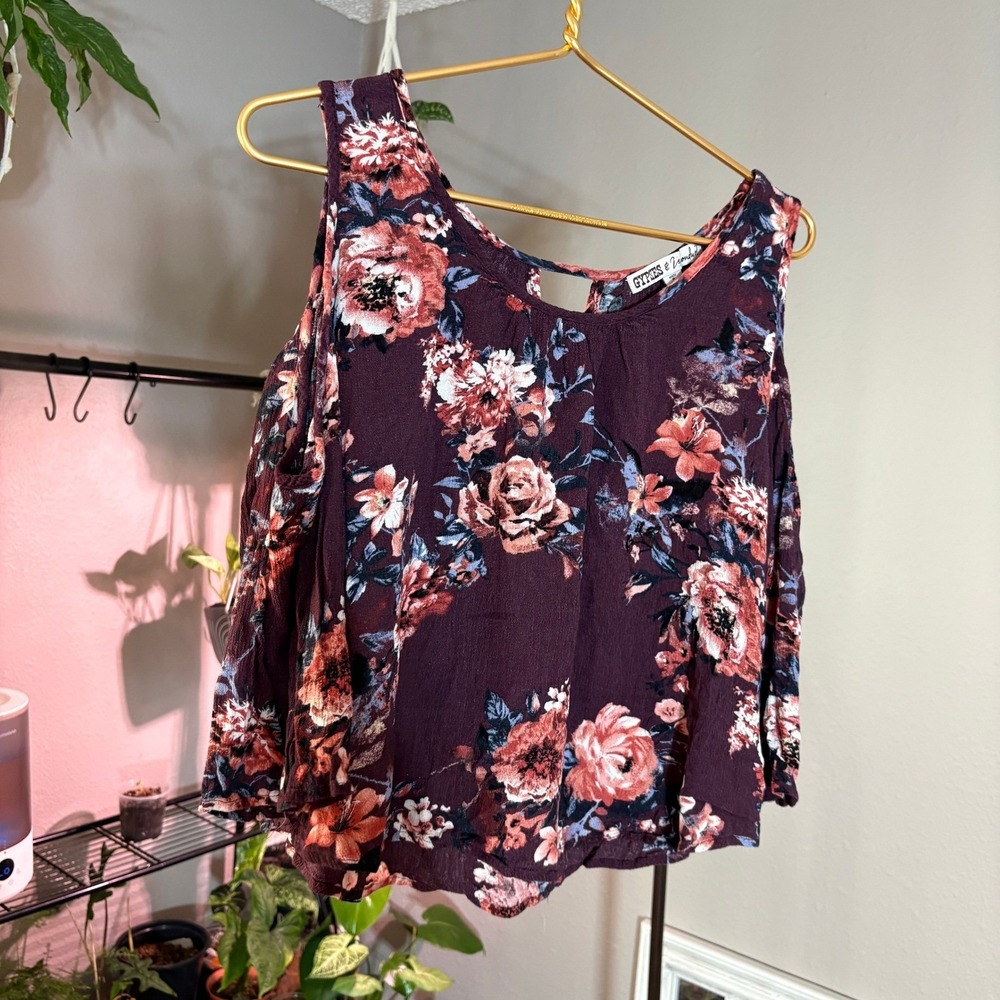 Gypsies & Moondust Floral Shoulder Cut Out Blouse Burgundy XL